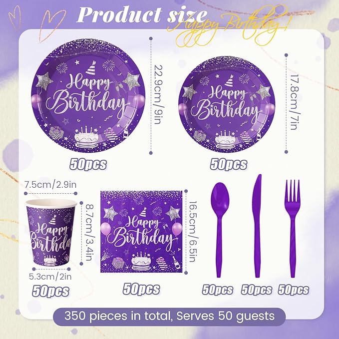 Vesici 350 Pcs Happy Birthday Party Supplies Disposable Party Tableware Set Serves 50 Included Plates Napkins Cups Cutlery for Men Woman 50th 80th Birthday Party Decorations (Silver Purple)