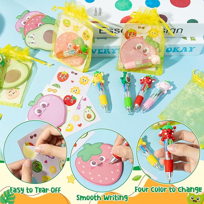 CY2SIDE Fruit Stationery Party Gift - 24 Pack Fruit Stationery Gifts Set Include 4-in-1 Ballpoint Pens Sticky Notes Stickers and Organza Tutti Summer Party Favors Goodie Bag Fillers for School Rewards