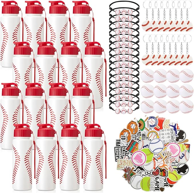 LemonRoad 164 Pcs Sports Party Favors Set 16 Plastic Cups 16 Charm Bracelets 16 Keychains 16 Mini Foam Stress Balls 100 Stickers for Sports Party Supplies (Baseball)