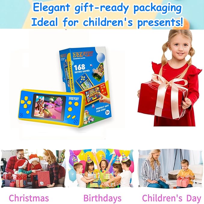 JJFUN Portable Game Console for Kids – 3.2" Screen, 168 Built-in Classic Games, Plug & Play on TV, Rechargeable, No WiFi Needed, Ideal Gift for Boys & Girls, Great for Travel, Holidays & Birthdays