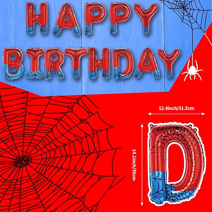 Spider Theme Happy Birthday Letter Balloons Banner, Red and Blue, Party Decoration
