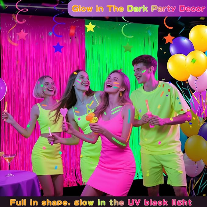 Glow in The Dark Party Supplies 2 Pack Neon Party Decorations Fluorescent Tinsel Foil Fringe Curtains Photo Booth Prop Backdrop Streamer Blacklight Decorations (Neon Hot Pink+Neon Green)
