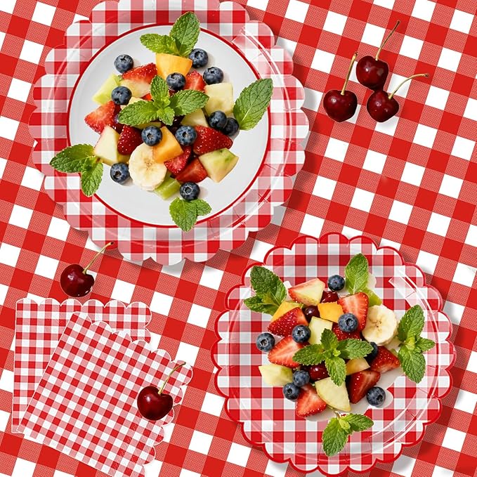 102 PCS Red Gingham Party Supplies - Christmas Scalloped Plates, Napkins, Cups, Forks, Banner, Gingham Tablecloth for Baby Shower, Birthday, Picnic Party Decorations, Serves 25