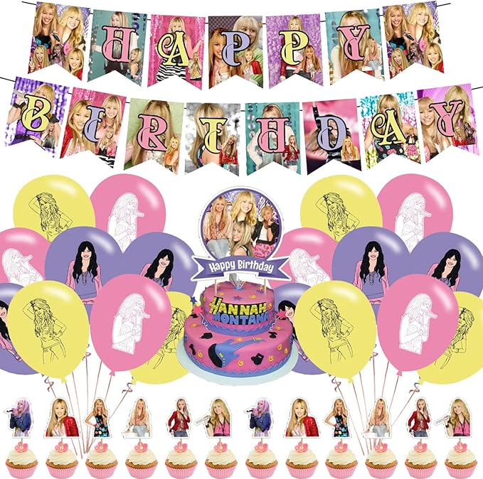 DOSSEL Hannah Singer Montana Music Theme Birthday Party Supplies Includes Birthday Banner, Cupcake Toppers, Cake Topper, Latex Balloons for Kids Adults Fans Party Decor