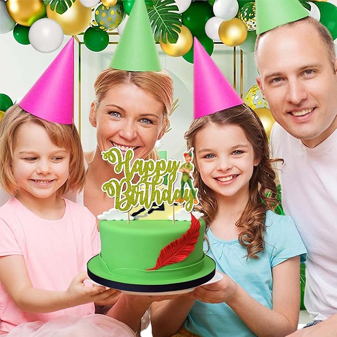 "Petr Pan Happy Birthday Cake Topper – Neverland Theme Birthday Party Supplies – Magical Green and Gold Cake Decoration with Petr Pan, Tinker Bell, and Fairy Dust Design for Boys Girls and Fans"
