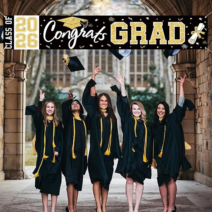 Graduation Banner Class of 2026 - Large Congrats Grad Yard Sign 2026 Black Gold Congrats Grad Banner Fence Yard Sign for Graduation Decorations Party Supplies