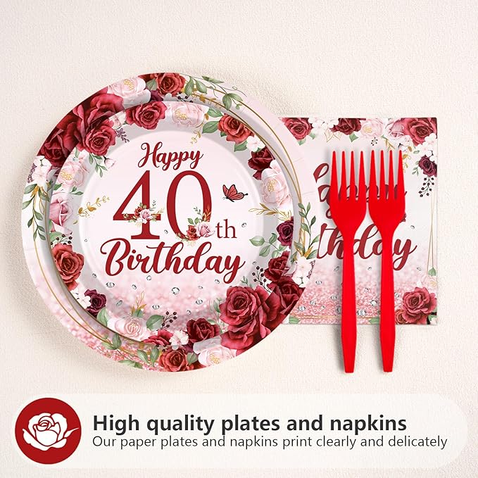 96Pcs Burgundy 40th Birthday Party Supplies Rose Gold Floral 40 and Fabulous Plates and Napkins Tableware Sets for Womens Burgundy Happy 40 Years Old Birthday Decorations Serves 24 ﻿