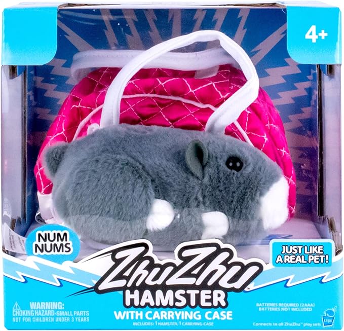ZhuZhu City Hamster & Quilted Carrying Case – NumNums The Grey & White Interactive Hamster with 40+ Sounds & Endless Behaviors – Take Your ZhuZhu Adventures Anywhere!