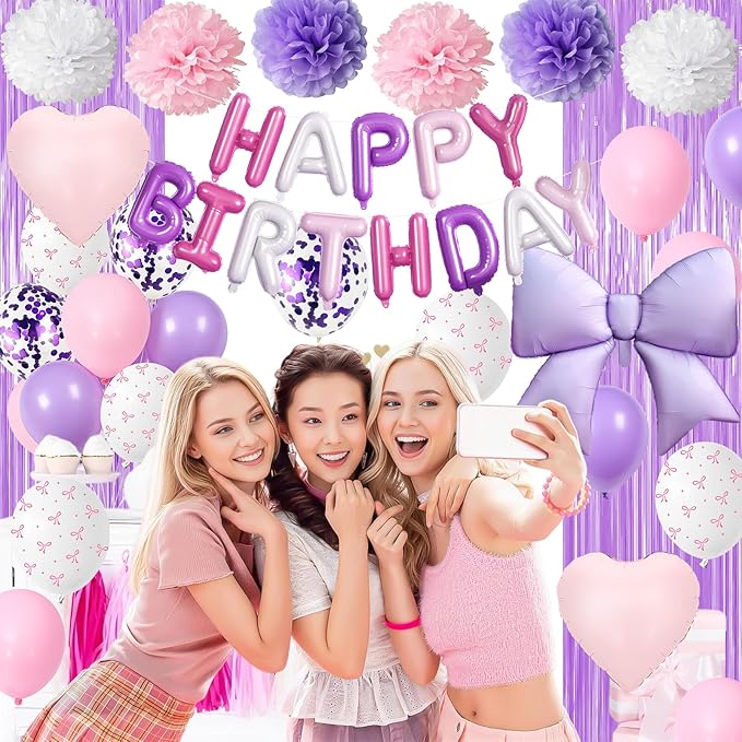 Purple Pink Bow Birthday Decorations for Women Girls, Happy Birthday Balloon Banner with Bow and Heart Foil Balloons Fringe Curtain Tissue Paper Pompoms Garland Party Supplies