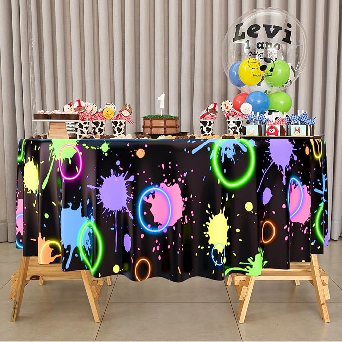 Oudain 12 Pcs Neon Party Table Cloths for Parties 84" Round Disposable Plastic Table Covers for Birthday Baby Shower 80s 90s Party Supplies Decor (Black)