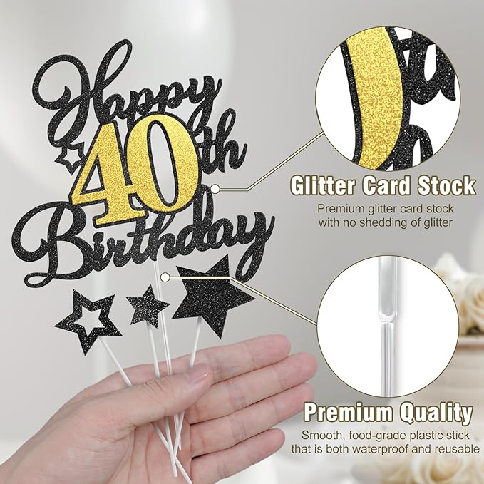 Happy 40th Birthday Cake Toppers, Black Gold Glitter Cake Decorations Set, 40th Birthday Decor for Men Women, Birthday Anniversary Party Decorations Supplies