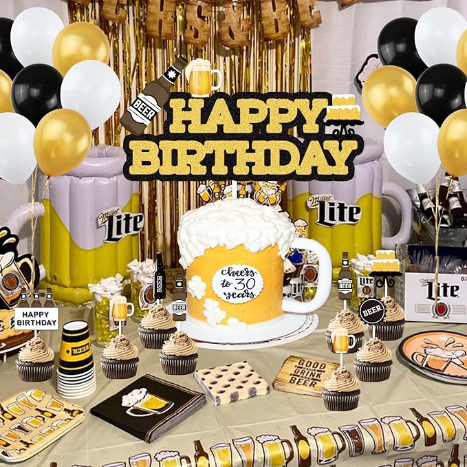 Beer Birthday Party Decorations, Cheers and Beers Happy Birthday Party Banner Balloons Decorations Aged to Perfection Party Supplies for Men 30th 40th 50th Beer Birthdays Party Decorations