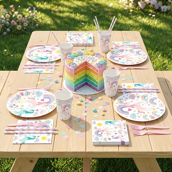 Unicorn Themed Party Decorations Supplies Rainbow Unicorn Themed Party Tableware Set Include Plates, Cups, Napkins,Cutlery and Straw for Baby Shower, Birthday Party Decorations Serves 24