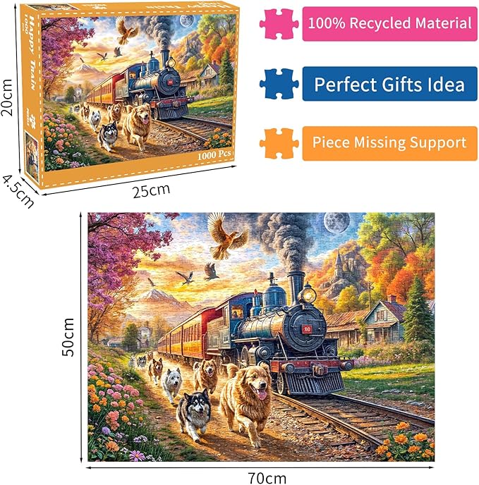 Jigsaw Puzzles for Adults 1000 Pieces, Interlock Perfectly Letter on Back No Dust, Home Decor Birthday Party Gift Toy for Men Women Elders Seniors, 1:1 Poster-Happy Train