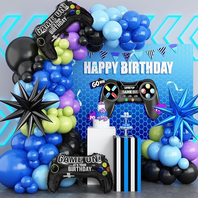 Video Game Balloon Arch Garland Kit, Blue Purple Green Black Party Balloons with 2 pcs Game Handle Foil Balloons for Video Game Theme Birthday Party Boys Game Night Decor