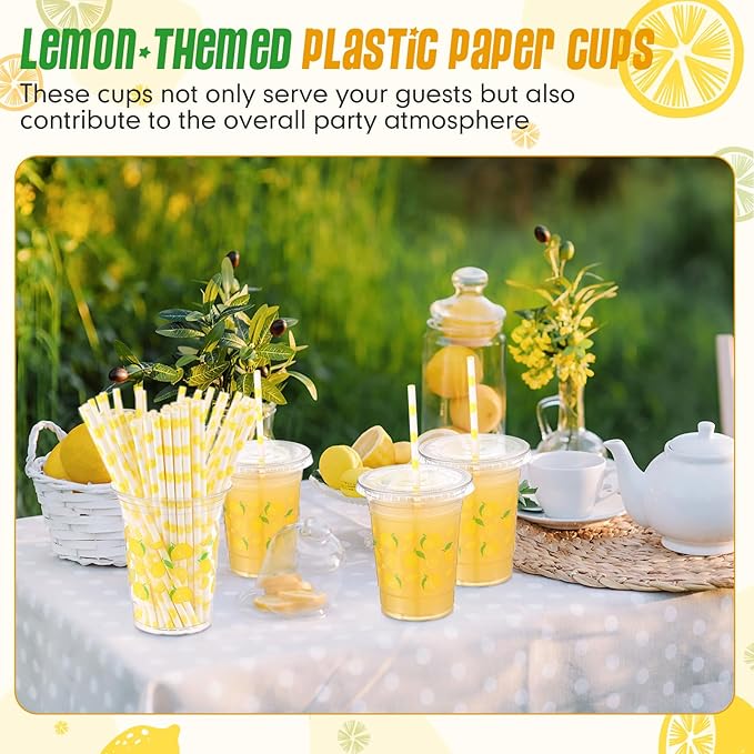 Yungyan 50 Sets 16 oz Lemon Plastic Cups Lemonade Cups with Lids and Straws Disposable Yellow Fruit Ice Coffee Juice Drinking Cup for Lemonade Stand Supplies Birthday Baby Shower Party Decoration