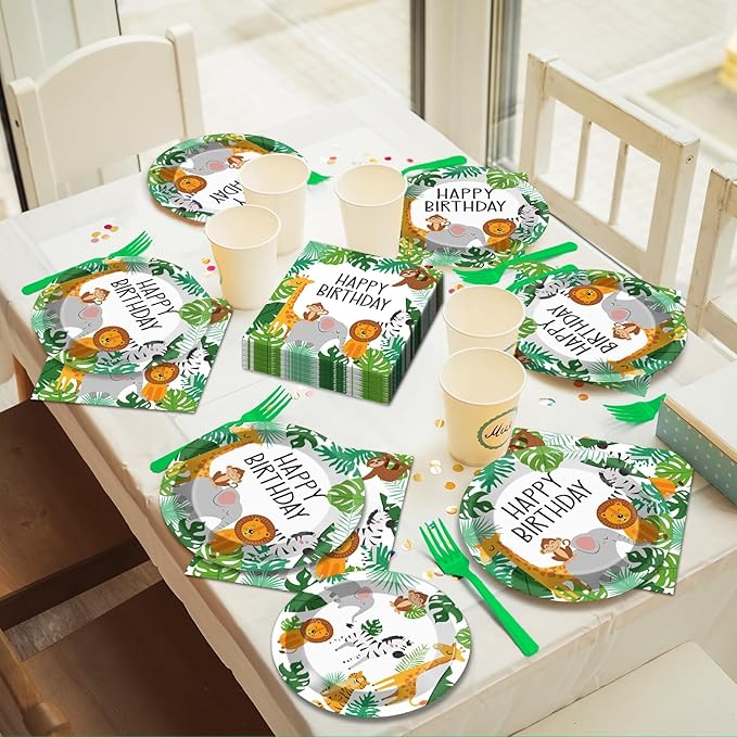 96PCS Jungle Birthday Party Plates and Napkins Safari Animals Birthday Party Decorations for 24 Guests Jungle Theme Birthday Party Tableware Set Serves Wild Animals Gold Safari Zoo Birthday Supplies