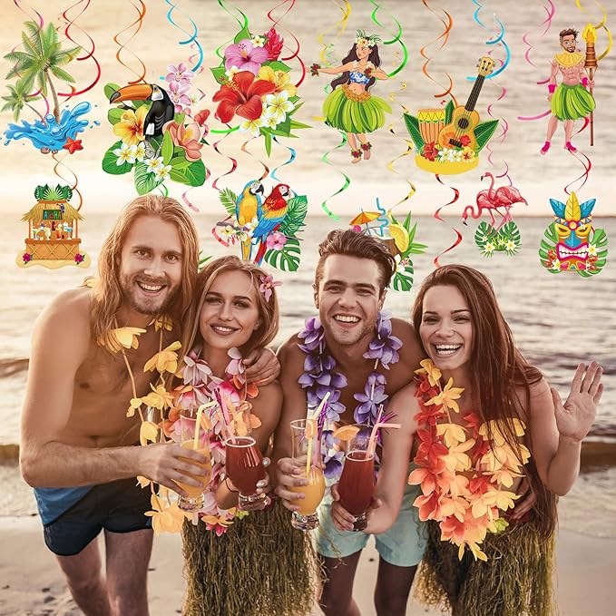Outus 30 Pieces Hawaiian Luau Birthday Party Hanging Swirl Decorations, Flower Tropical Palm Flamingo Sign Foil Ceiling Decor for Floral Tropical Party Summer Beach Pool Tiki Supplies(Bird)