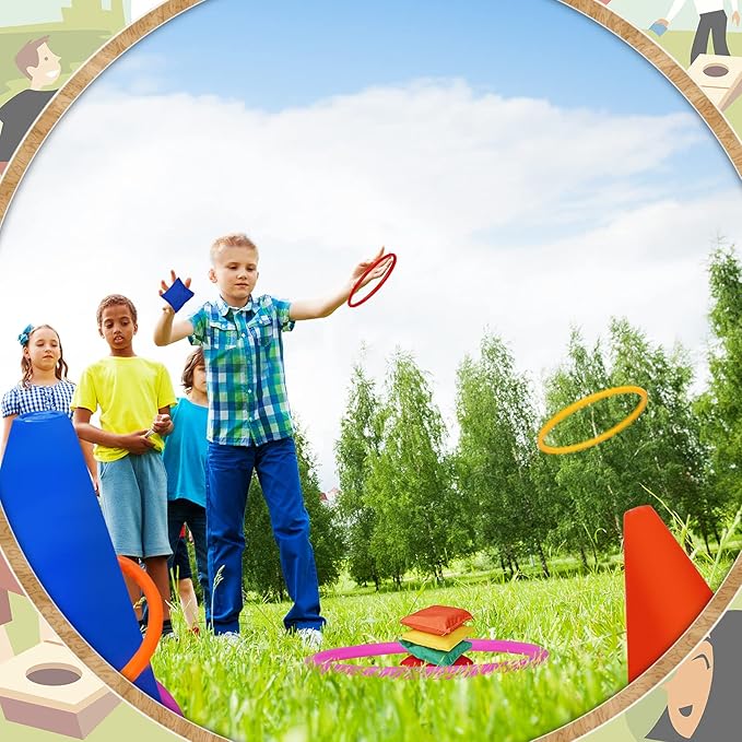3 in 1 Carnival Outdoor Games Combo Set, Soft Plastic Cones Cornhole Bean Bags Ring Toss Games,for Kids Adults Indoor Outdoor Birthday Party Lawn Games Supplies (26 Pieces