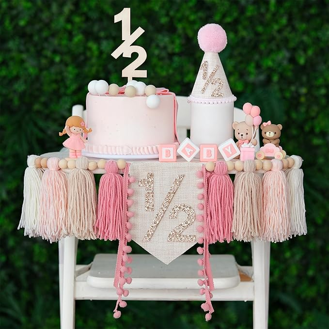 1/2 Pink Baby Girl Birthday Highchair Banner Wood Bead Tassel Garland Half Birthday Conical Cap Wooden Cake Topper Happy Half Year Party Photoshoot Props