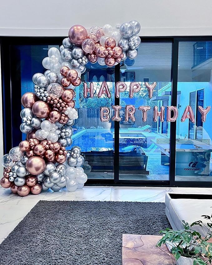 29PC Rose Gold Happy Birthday Balloon Banner, 16 Inch 3D Aluminum Letter Banner Sign, Pearl Rose Gold Metallic Balloons 18 Inch Star Heart Foil Balloons for Women, Men Party Decorations