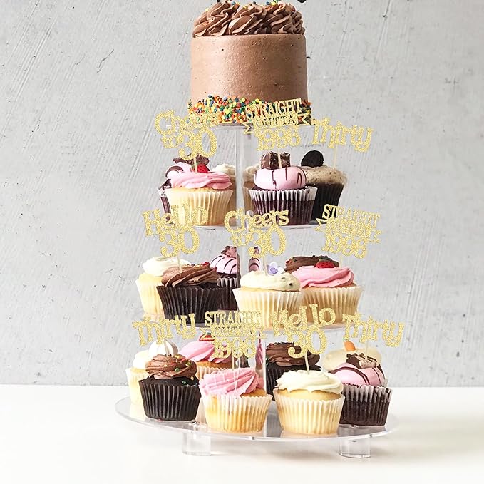 Ephlyn 24Pcs Happy 30th Birthday Cupcake Toppers Glitter Thirty Cupcake Picks Hello 30 Cheers to 30 Years Cake Decorations for 30th Birthday Anniversary Party Decorations Supplies Gold