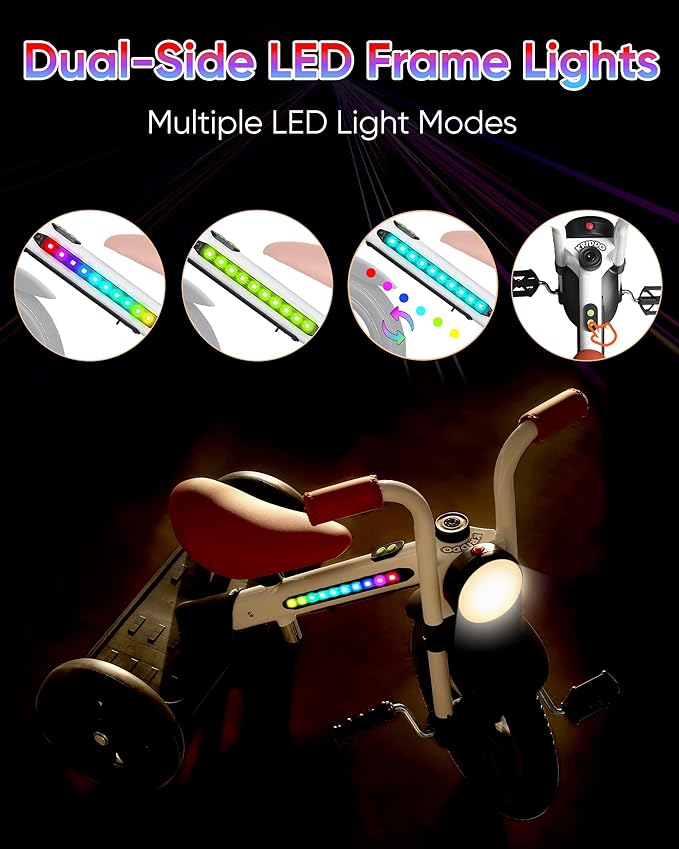 KRIDDO Kids Tricycle, 12 Inch Puncture Free Wheel w Front Light, Adjustable Seat Height, Gift for 2-5 Year Olds, WhiteLED