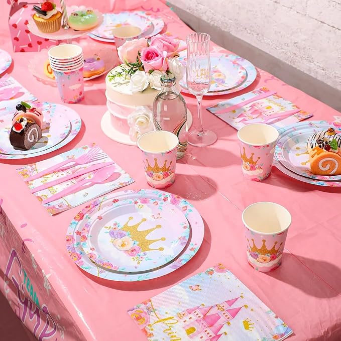 Meanplan 168 Pcs Princess Party Decorations Princess Plates and Napkins Castle Disposable Tableware Set for Girls Baby Shower Princessed Castle Birthday Party Supplies Serves 24 Guest