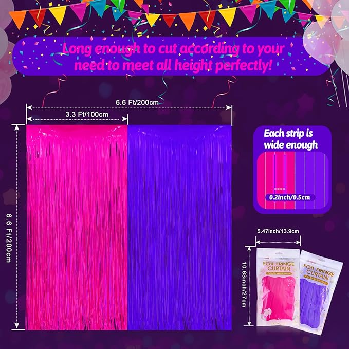 Glow in The Dark Party Supplies 2 Pack Neon Party Decorations Fluorescent Tinsel Foil Fringe Curtains Photo Booth Prop Backdrop Streamer Blacklight Decorations (Neon Hot Pink+Neon Purple)