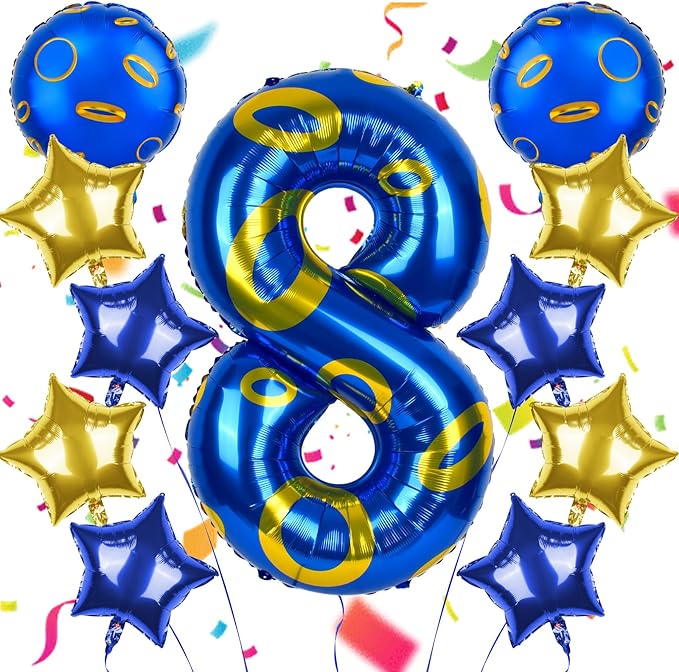 40 Inch Blue and Golden Ring Themed Number Balloon, Number Block Foil Number 8 Balloons Large Big Numbers Helium Balloon for Girls Boys 8th Birthday Theme Party Decorations (Number 8)