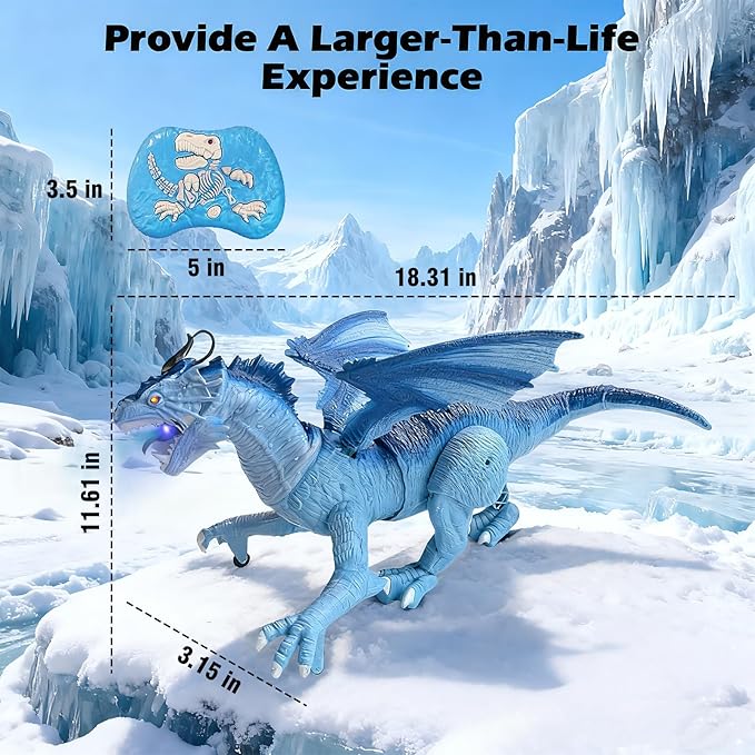 Remote Control Dragon, Dragon for Kids with Spraying, Roaring, Swaying Head, Wings, Light-Up Interactive Robot Dinosaur Toys for Boys and Girls, Blue