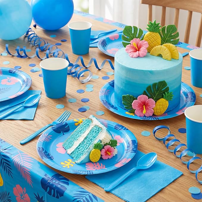 Blue Cartoon Birthday Party Supplies 20Pcs 9 Inch Hawaiian Tropical Cartoon Plates, for Baby Shower Girls Boys Birthday Party Luau Picnic Summer Holiday BBQ School Event Hawaiian Party Decorations