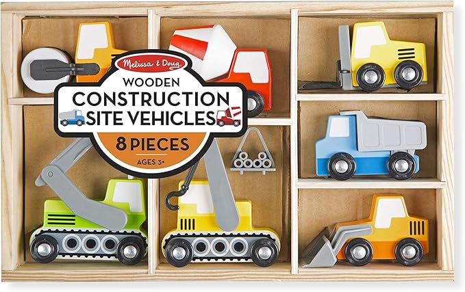 Melissa & Doug Wooden Construction Site Vehicles with Wooden Storage Tray (8 pcs)