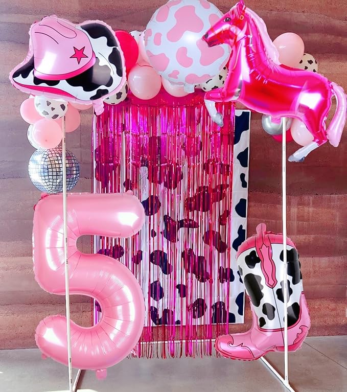 Western Cowgirl Balloons Pink 5th Birthday Party Decorations, Retro Horse Cowboy Hat Boot Balloons Girls Western Theme Rodeo Birthday Party Decorations Supplies Decor (32 Inch Pink 5 balloon)