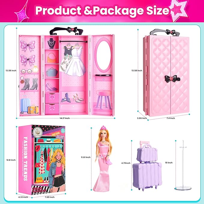 UCanaan 180 Pcs Doll Clothes and Accessories Set, Princess Gowns, Dresses, Tops, Pants, Shoes, Hangers, Fashion Doll Wardrobe, Ages 3+ Best Gitfs for Girls Christmas Birthday