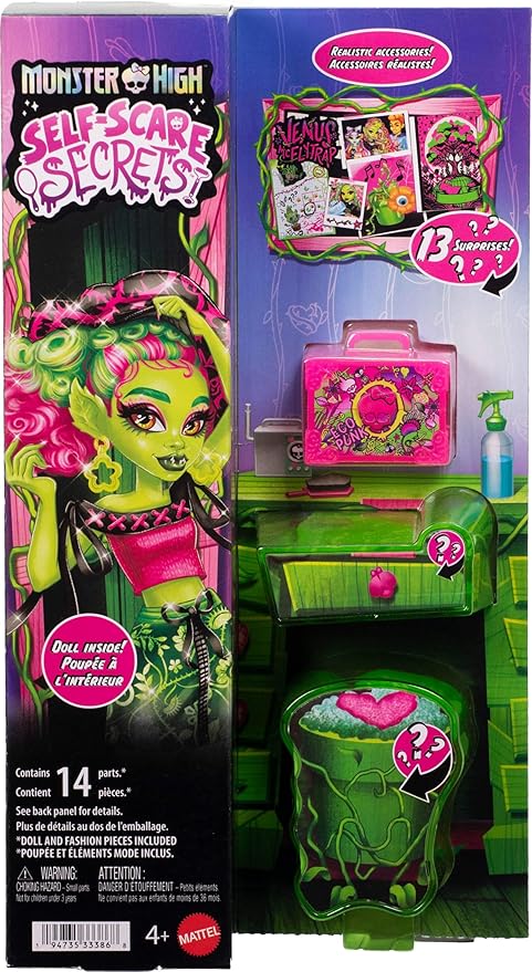 Monster High Self-Scare Secrets Venus McFlytrap Doll and Accessories Set with 13 Realistic Surprises Like Haircare Products, Bonnet and Plant