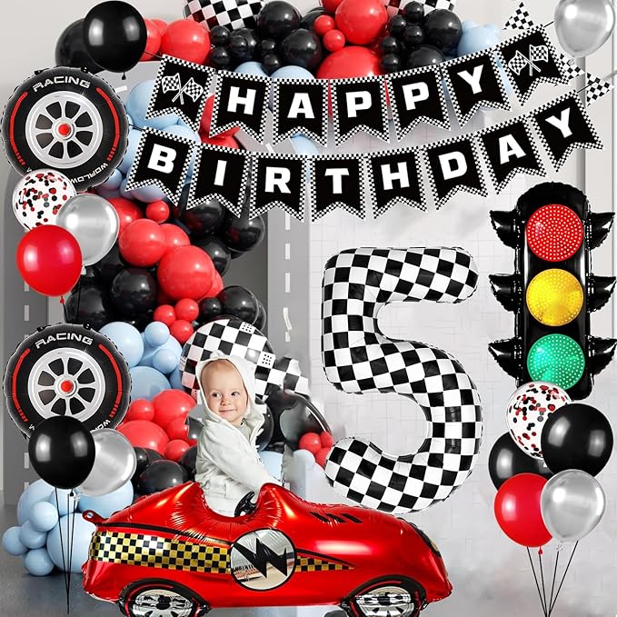 Race Car Birthday Party Decorations, with 40 Inch Number 5 Balloon, Happy Birthday Banner, Traffic Light and Foil Tire Balloon for 5th Car Themed Birthday Party Supplies