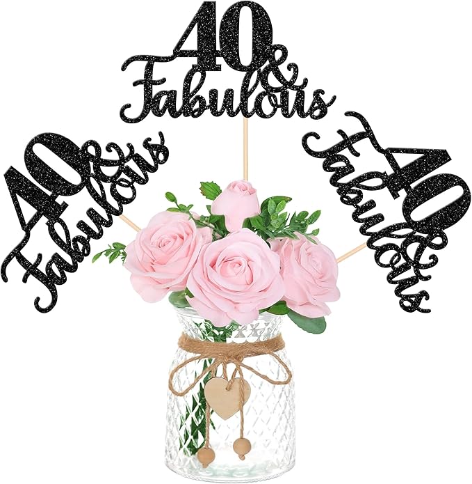 12 PCS 40 and Fabulous Centerpiece Sticks Double Sided Happy 40th Birthday Table Flower Centerpieces Sticks Cheers to 40 Floral Decorations for 40th Birthday Anniversary Party Supplies Black