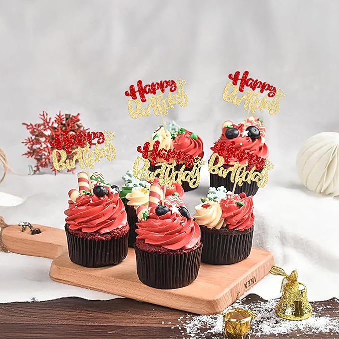 Ephlyn 24Pcs Happy Birthday Cupcake Toppers Double Layer Glitter Happy Birthday Cake Decorations for Christmas Theme Baby Shower Anniversary Party Decorations Supplies Red Gold