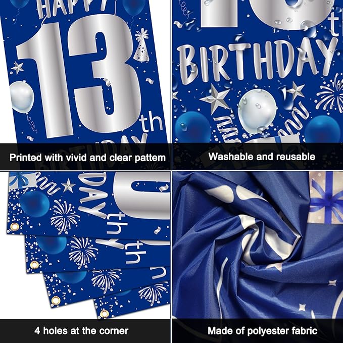 13th Birthday Decorations for Boys Girls, Blue Silver 13th Birthday Decorations Backdrop with Happy 13th Birthday Banner, Number 13 Hanging Swirls, Triangle Flag, 13 Years Old Birthday Party Supplies