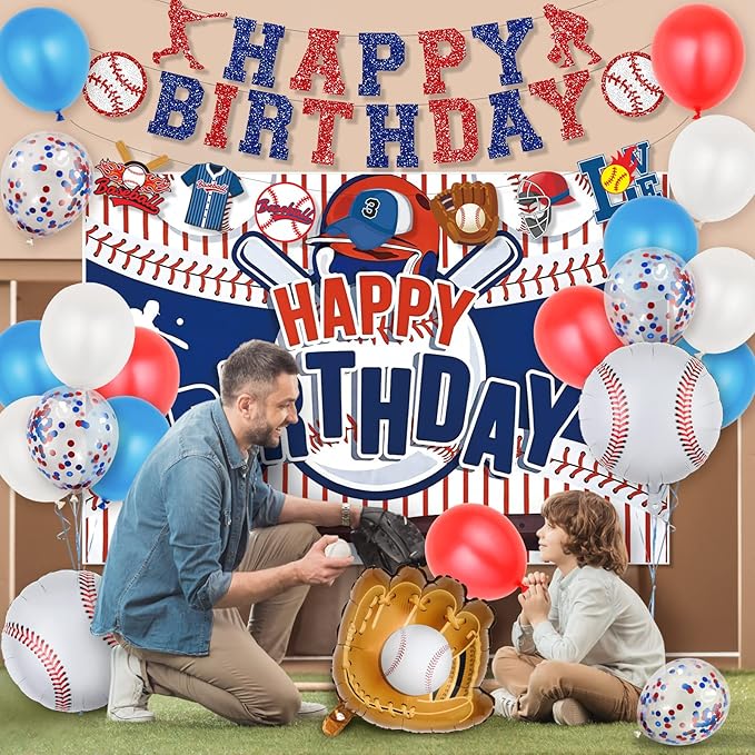 Baseball Party Decorations, Baseball Birthday Party Supplies Kit, Include Sport Themed Backdrop, Happy Birthday Banners, Tabelcloth, Baseball Balloons, Cake&Cupcake Toppers
