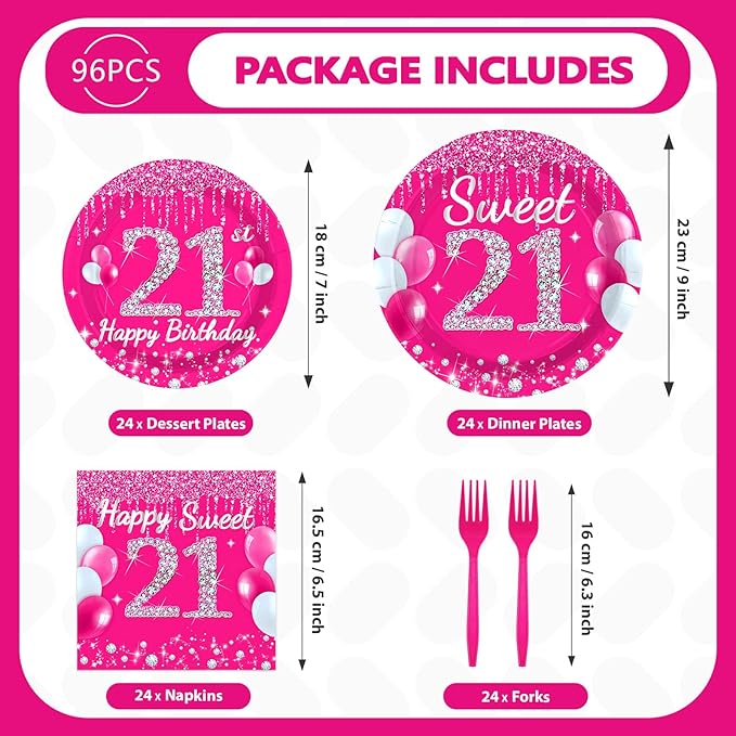 96Pcs 21st Birthday Party Supplies 350 GSM Hot Pink Sweet 21 Plates and Napkins Tableware Sets Happy 21st Birthday Decorations for Girls Women Finally Legal 21 Years Old Party Favors, Serves 24