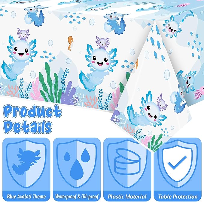 Axolotl Plastic Party Tablecovers - 3-Pack Blue Cartoon Axolotl Table Cover Decorations Disposable Waterproof Rectangle Plastic Tablecloths Rectangle Kids Birthday Baby Shower Camping Events