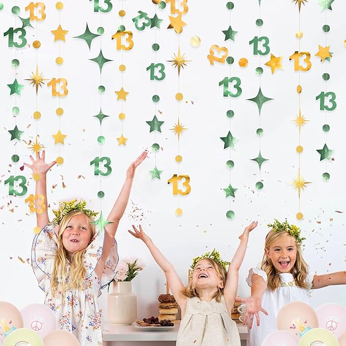 Sage Green Gold 13th Birthday Decorations Number 13 Circle Dot Twinkle Star Garland Glitter Hanging Streamer Banner Backdrop Girls Boys Cheers to 13 Years Old Birthday Official Teenager Party Supplies