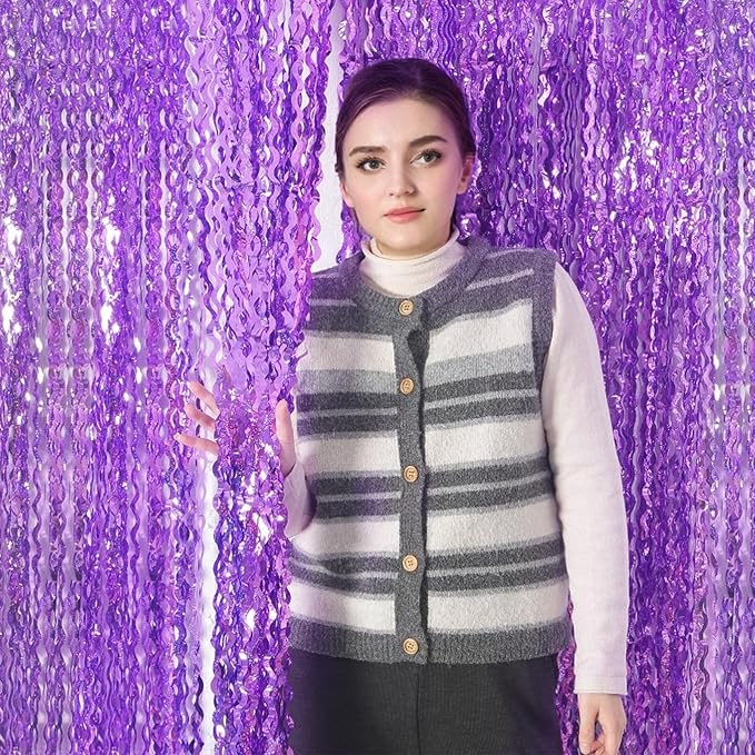 4 Pack Sparkle Wavy Purple Tinsel Curtain Party Backdrop - 3.3X6.6ft Foil Fringe Curtain Party Photo Booth Streamers for Mermaid Euphoria Themed Decorations