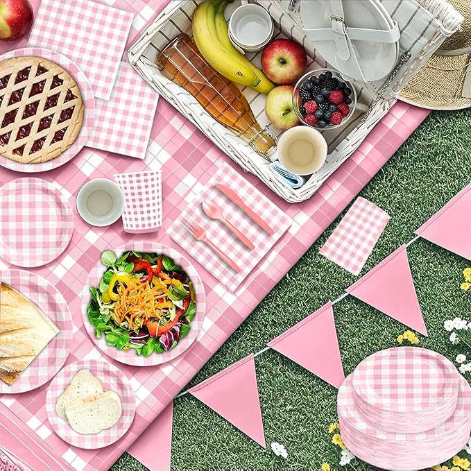 180Pcs Pink Gingham Party Supplies Paper Plates and Napkins Serve 60 Disposable Tableware Set for Birthday Party Decorations Game Day Family Holiday Sports Events