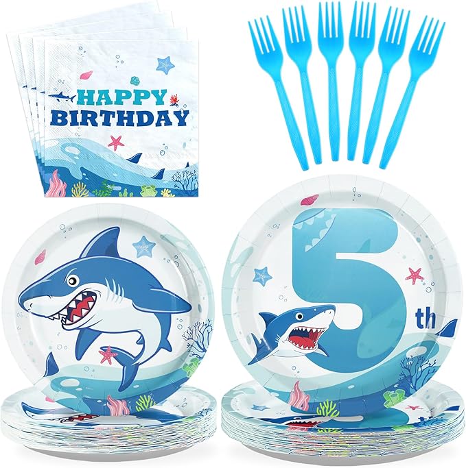 96Pcs Shark 5th Birthday Party Supplies Blue Ocean Shark Plates and Napkins Under The Sea Tableware Set for Kids 5 Years Old Blue Ocean Theme Birthday Party Supplies，Serves 24