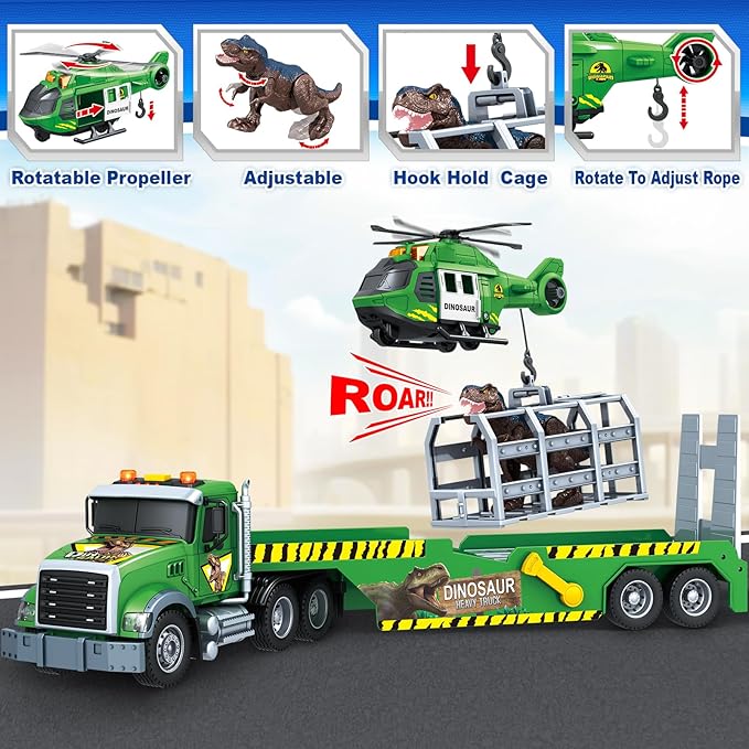 Toddler Boy Toys for 3 4 5 6 7 Years Kids, 21" Semi Flatbed Truck Toy with a Dinosaure Truck, Friction Powered Vehicles Toys with Lights and Sounds, Birthday for Boy Girls