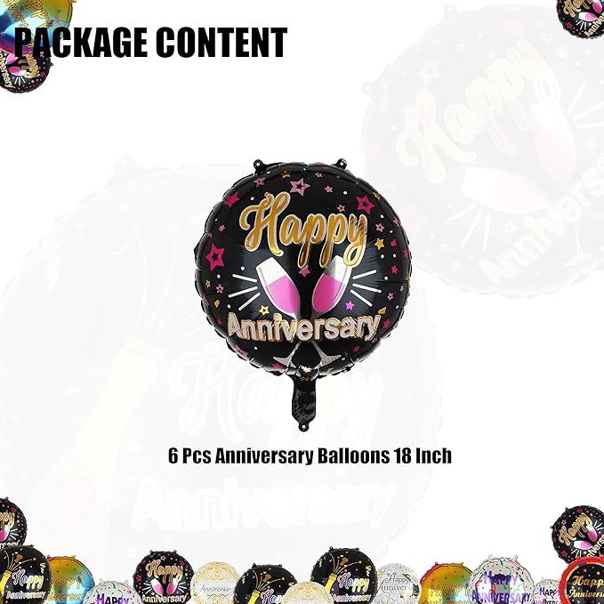 Happy Anniversary Mylar Balloons 18 Inch Round Foil Helium Balloon Birthday Engagement Wedding Celebration Anniversary Party Decorations Supplies Black 6 Pcs