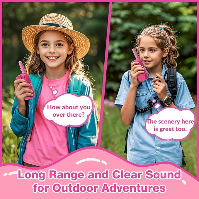 BATURU Kids Walkie Talkies, 2-Pack Pink Gift for Girls Age 4-8, Long Range, Easy-to-Use Toys for Birthday, Outdoor Play, Camping, Pretend Adventure